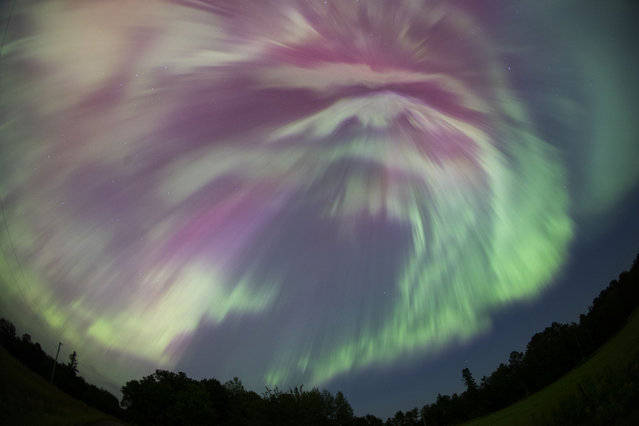 The northern lights (Aurora Borealis) illuminates the sky as a geomagnetic storm is bringing vibrant green and pink colors, during the peak of the Perseid meteor shower in Aitkin, Minnesota, United States on August 12, 2024. (Photo by Christopher Mark Juhn/Anadolu via Getty Images)