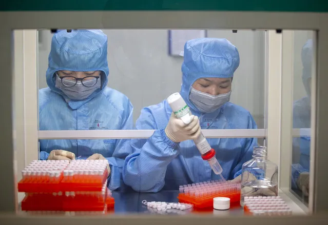 Production workers of Jiangsu Shuoshi Biotechnology Co. Ltd. carry out work on a new coronavirus (2019) nucleic acid detection kit (fluorescence PCR) in Taizhou City, Jiangsu Province, China, 29 January 2020. The death toll from the outbreak of coronavirus in China has reached 132 and infected more than 6000 others, according to media reports. (Photo by EPA/EFE/China Stringer Network)