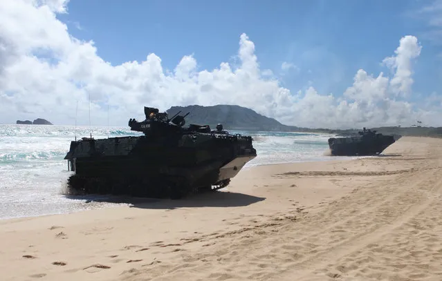 Amphibious assault vehicles drive up the beach during a simulated beach assault at Marine Corps Base Hawaii with the 3rd Marine Expeditionary Unit during the multi-national military exercise RIMPAC in Kaneohe, Hawaii, July 30, 2016. (Photo by Hugh Gentry/Reuters)