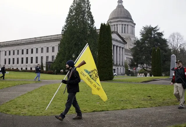 A man carries a flag from the American Revolution as gun rights advocates rally against Initiative 594 at the state capitol in Olympia, Washington December 13, 2014. (Photo by Jason Redmond/Reuters)