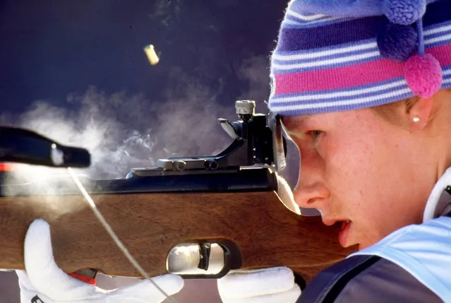 Antje Harvey of Germany competes in the womens 4x7.5 Biathlon event at the 1994 Winter Olympics in Lillehammer, Norway. (Photo by Pascal Rondeau/Allsport)