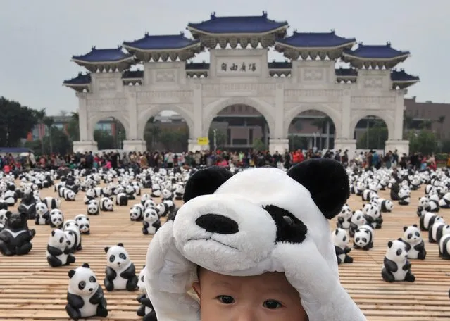 A child wears a panda outfit among 200 paper Formosan Black Bears surrounded by paper pandas at an exhibition called “Pandas on Tour” at the Liberty Square of National Chiang Kai-shek Memorial Hall in Taipei on March 14, 2014. (Photo by Mandy Cheng/AFP Photo)