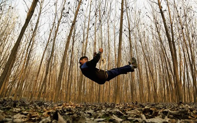 A Kashmiri boy plays on a swing in Srinagar, India, Thursday, January 15, 2015. Set in the Himalayas at 5,600 feet above sea level, Kashmir is a green, saucer-shaped valley surrounded by snowy mountain ranges with over 100 lakes dotting its highlands and plains. (Photo by Mukhtar Khan/AP Photo)