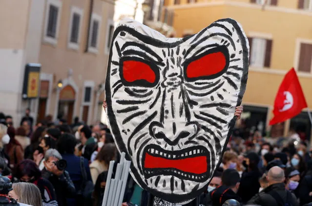 Workers from the entertainment industry hold a demonstration against the government's coronavirus disease (COVID-19) restrictions and to demand the reopening of cinemas and theatres, outside a theatre, in Rome, Italy, February 23, 2021. (Photo by Yara Nardi/Reuters)
