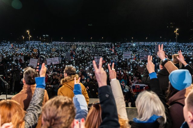 People take part in a demonstration against the Slovak Prime Minister Robert Fico and his government in Bratislava, Slovakia, 07 February 2025. (Photo by Jakub Gavlak/EPA)