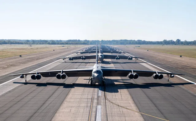 The runway lineup up of eight B-52H bombers was photographed last week. The readiness exercise with B-52H Stratofortress bombers took place on Wednesday, October 14, at Barksdale Air Force Base in Louisiana. (Photo by 2nd Bomb Wing Public Affairs/The Sun)