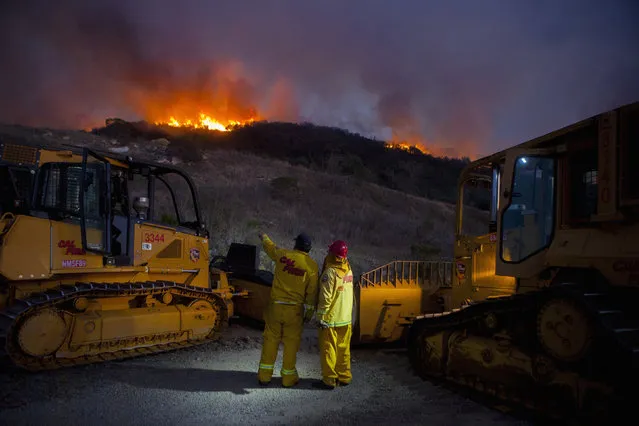 Firefighters battle a blaze, part of the Poinsettia Fire, in San Marcos, May 14, 2014. (Photo by Sam Hodgson/Reuters)