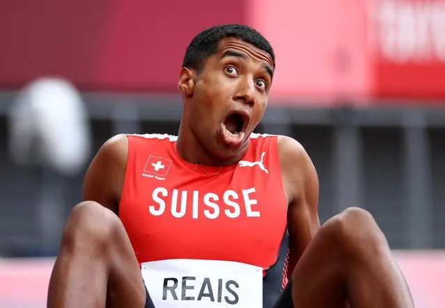 Switzerland's William Reais reacts after taking second place in the men's 200m heats during the Tokyo 2020 Olympic Games at the Olympic Stadium in Tokyo on August 3, 2021. (Photo by Lucy Nicholson/Reuters)