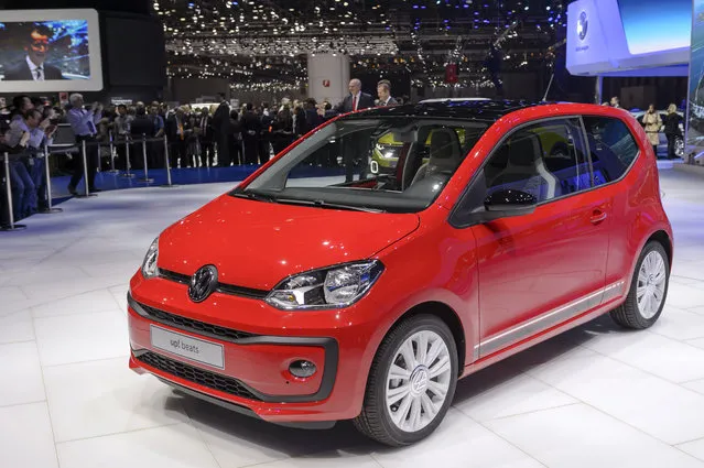 The New Volkswagen Up! beats is being presented during the press day at the 86th international Motor Show in Geneva, Switzerland, Tuesday, March 1, 2016. The Motor Show will open its gates to the public from March 3 to 13, presenting more than 200 exhibitors and more than 120 world and European premieres. (Photo by Martial Trezzini/Keystone via AP Photo)