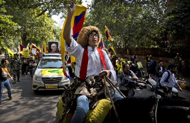 A horse mounted exile Tibetan shouts slogans during a march to mark the 60th anniversary of the March 10, 1959 Tibetan Uprising Day, in New Delhi, India, Sunday, March 10, 2019. The uprising of the Tibetan people against the Chinese rule was brutally quelled by Chinese army forcing the spiritual leader the Dalai Lama and thousands of Tibetans to come into exile. Every year exile Tibetans mark this day as the National Uprising Day. (Photo by Manish Swarup/AP Photo)