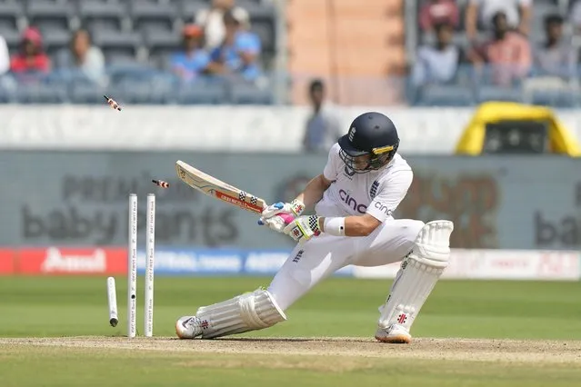 England's Ollie Pope is bowled out by India's Jasprit Bumrah on the fourth day of the first cricket test match between England and India in Hyderabad, India, Sunday, January 28, 2024. (Photo by Mahesh Kumar A./AP Photo)