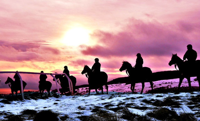 Horses being exercised on the hilltops near Leyburn, North Yorkshire on the hilltops of the  Pennines as further snow is forecast for high ground across the UK, on February 12, 2014. (Photo by John Giles/PA Wire)