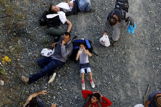 Seven year-old Ariana, a Kurdish-Syrian immigrant, drinks water next to her father Sahin Serko whille resting before crossing into Macedonia along with another 45 Syrian immigrants near the border Greek village of Idomeni in Kilkis prefecture May 14, 2015. (Photo by Yannis Behrakis/Reuters)