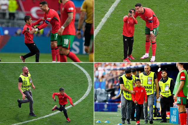 A little boy who invades the pitch takes a selfie with Cristiano Ronaldo of Portugal during the UEFA EURO 2024 group stage match between Turkiye and Portugal at Football Stadium Dortmund on June 22, 2024 in Dortmund, Germany. (Photo by Eurasia Sport Images/Getty Images)