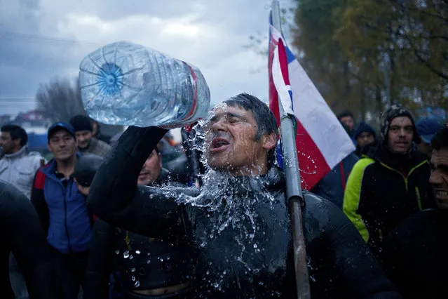 A diver throws water on his face during a protest march by shellfish divers in Chiloe Island, Chile, Thursday, May 12, 2016. The government has declared an emergency zone along Chile's south as it deals with the algae bloom known as red tide, which kills fish with a toxin that paralyzes the central nervous system, and small-scale fishermen are demanding compensation. (Photo by Esteban Felix/AP Photo)