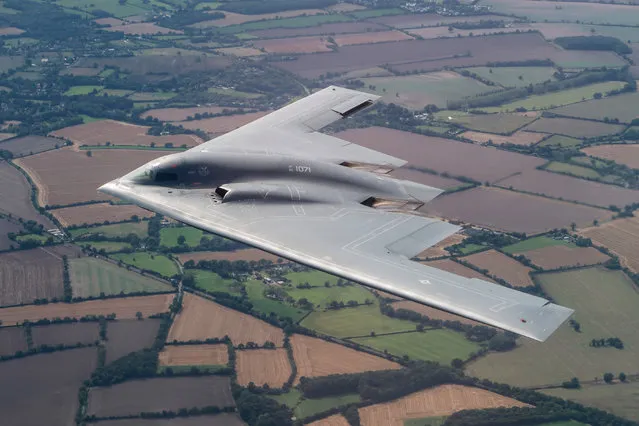 A handout photo made available by the British Royal Air Force (RAF) on 30 August 2019 shows a United States Air Force B2 Spirit, currently deployed to RAF Fairford in Gloucestershire, flying above Dover, United Kingdom, 29 August 2019. (Photo by /EPA/EFE/USAF Major (Exchange Pilot))