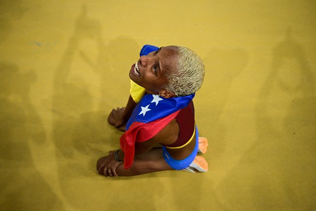 Venezuela's Yulimar Rojas celebrates winning in the women's triple jump final during the World Athletics Championships at the National Athletics Centre in Budapest on August 25, 2023. (Photo by Ben Stansall/AFP Photo)