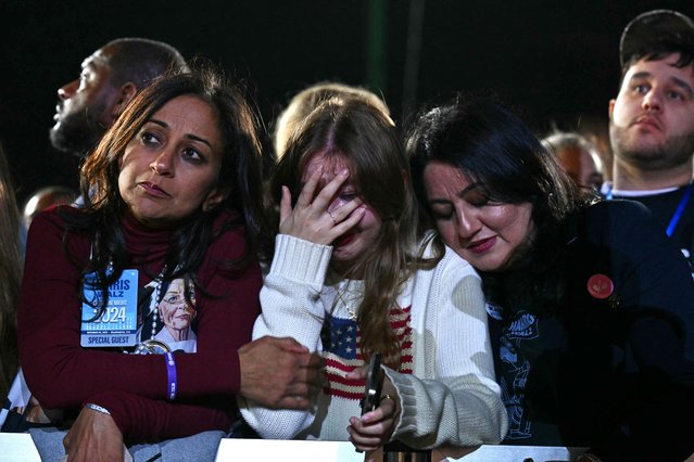 Supporters react to election results during an election night event for US Vice President and Democratic presidential candidate Kamala Harris at Howard University in Washington, DC, on November 5, 2024. (Photo by Angela Weiss/AFP Photo)