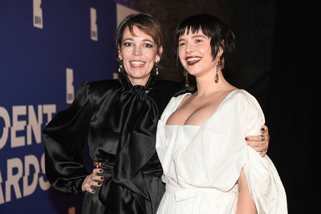 Irish actress and singer Jessie Buckley and English actress Olivia Colman pose on arrival at the Britain Independent Film Awards on Sunday, December 8, 2024, in London. (Photo by Thomas Krych/Invision/AP Photo)