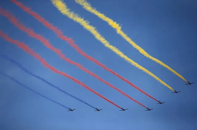 Military aircraft perform during the military parade marking the 70th anniversary of the end of World War Two, in Beijing, China, September 3, 2015. (Photo by Damir Sagolj/Reuters)