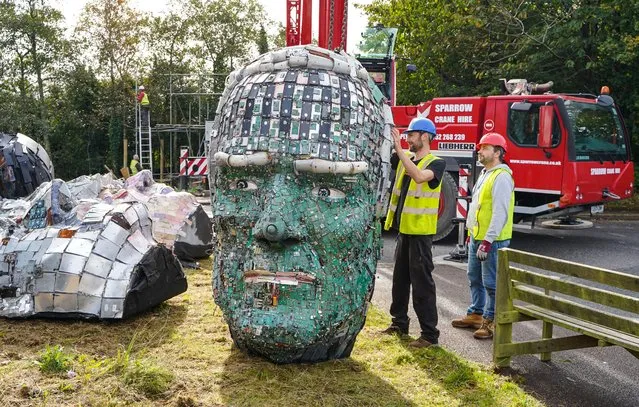 The head of Joe Biden at The Eden Project on October 13, 2022 in Par, England. The installation “Mount Recyclemore” depicting world leaders' heads made from recycled rubbish was made by the Mutoid Waste Company and displayed during the G7 Summit held in Cornwall in 2021. It was dismantled today ahead of  International E-waste Day tomorrow. E-Waste day raises awareness about the importance of recycling unneeded electrical items responsibly. (Photo by Hugh Hastings/Getty Images)