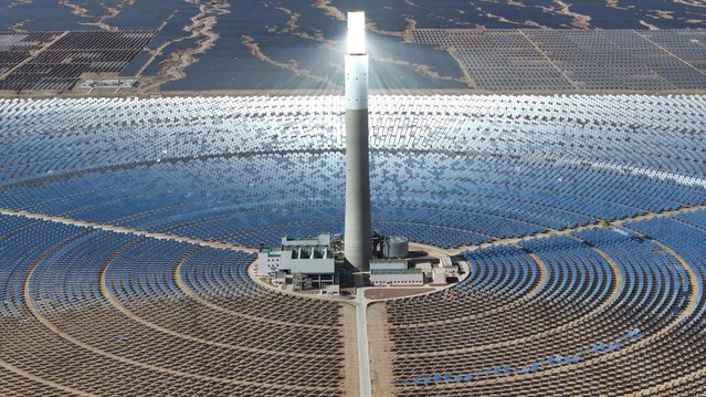 Aerial view of the CGN Delingha Solar Thermal Plant - Molten Salt Thermal Energy Storage System, a 50 megawatt energy storage project, on April 15, 2025 in Haixi Mongolian and Tibetan Autonomous Prefecture, Qinghai Province of China. (Photo by Ma Mingyan/China News Service/VCG via Getty Images)