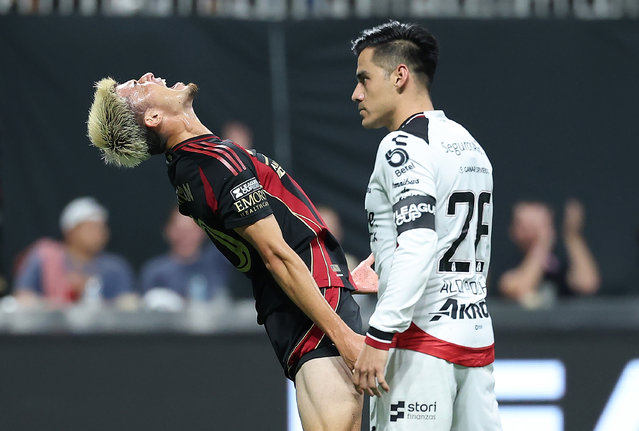 Cayman Togashi #30 of Atlanta United reacts after scoring the team's fourth goal during second half of the Leagues Cup Phase One match between Atlanta United FC and Atlas FC at Mercedes-Benz Stadium on August 06, 2025 in Atlanta, Georgia. (Photo by Kevin C. Cox - Leagues Cup/MLS via Getty Images)