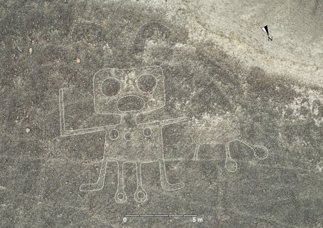 This undated handout picture released by Yamagata University shows one of 303 new geoglyphs discovered by scientists at Yamagata University in Japan, where a team of researchers applied AI-assisted image analysis of aerial photographs, which accelerated the pace of geoglyph discovery during a 6-month fieldwork in the Nazca Pampas. The famous Nazca Lines, recognized as a World Heritage Site by UNESCO, are geoglyphs more than 2,000 years old with geometric and animal figures that can only be seen from the sky. (Photo by Yamagata University/Handout via AFP Photo)