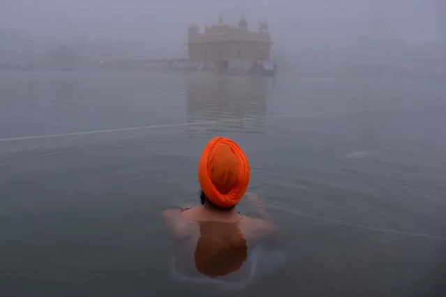 An Indian Sikh devotee takes a dip in the holy sarover (water tank) during dense fog at the Golden Temple in Amritsar on December 9, 2015. (Photo by Narinder Nanu/AFP Photo)