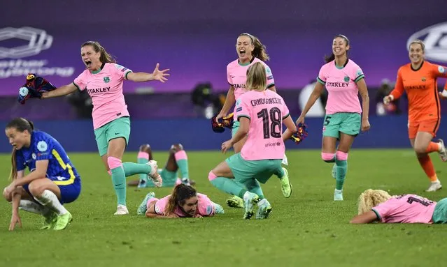 Barcelona players celebrate winning the UEFA Women's Champions League final soccer match between Chelsea FC and FC Barcelona in Gothenburg, Sweden, Sunday, May 16, 2021. Barcelona won 4-0. (Photo by Martin Meissner/AP Photo)