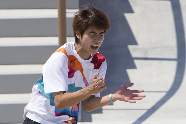 Yuto Horigome of Japan reacts after skating during the men's street skateboarding finals at the 2020 Summer Olympics, Sunday, July 25, 2021, in Tokyo, Japan. (Photo by Jae C. Hong/AP Photo)