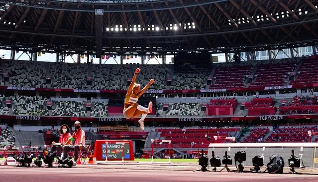 Malaika Mihambo of Team Germany competes in the Women's Long Jump Final, where she took gold on day eleven of the Tokyo 2020 Olympic Games at Olympic Stadium on August 03, 2021 in Tokyo, Japan. (Photo by Aleksandra Szmigiel/Reuters)