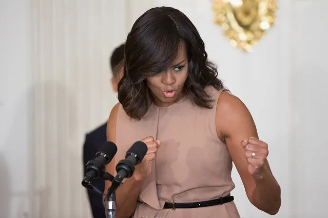 First lady Michelle Obama jokes with members of the audience as she speaks in the State Dinning Room at the White House in Washington, Wednesday, February 24, 2016, during an interactive student workshop on the musical legacy of Ray Charles, where students from 10 schools and community organizations from across the country participate as part of the “In Performance at the White House” series. (Photo by Andrew Harnik/AP Photo)