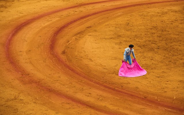 A rejoneador (mounted bullfighter) assistant holds his capote during a bullfight at The Maestranza bullring in the Andalusian capital of Seville, southern Spain April 26, 2015. (Photo by Marcelo del Pozo/Reuters)