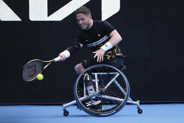 Alfie Hewett of Britain plays a forehand return to Tokito Oda of Japan during the men's wheelchair final at the Australian Open tennis championships at Melbourne Park, Melbourne, Australia, Saturday, January 27, 2024. (Photo by Alessandra Tarantino/AP Photo)