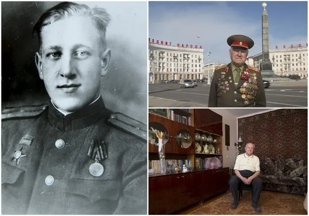 World War Two veteran Nikolay Mazanik, 92, is seen in an undated handout picture (L), posing for a picture in Victory square in Minsk (Top R) and at home in Belarus April 10, 2015. Mazanik started the war as a commander of a rifle platoon in an infantry company of the Soviet Union army from June 1941 until May 1945. Originally from Belarus, the end of World War Two found him in the city of Koenigsberg, Germany. (Photo by Vasily Fedosenko/Reuters/Family handout (L))