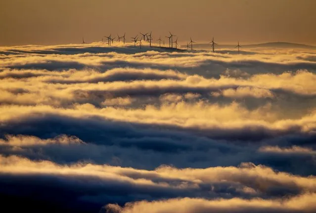 In this January 6, 2020, file photo wind turbines stand on a hill and are surrounded by fog and clouds in the Taunus region near Frankfurt, Germany. Officials from around the globe begin three weeks of grueling online climate talks organized by the U.N. climate office in Bonn, Germany. The talks will involve grappling with a number of thorny climate and political issues, without the benefit of face-to-face meetings, due to pandemic restrictions. (Photo by Michael Probst/AP Photo/File)