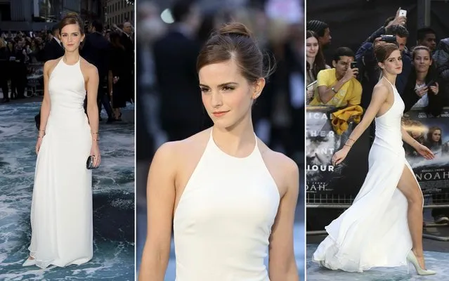 British actress Emma Watson poses for pictures on the red carpet as she arrive for the UK premiere of her latest film “Noah” in Leicester Square, central London, on March 31, 2014. (Photo by Jonathan Short/Paul Hackett/Invision/AP Photo/Reuters)