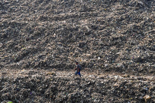 A ragpicker walks past on a pile of garbage at a landfill in Depok on the outskirts of Jakarta, Indonesia. Friday, May 10, 2024. (Photo by Tatan Syuflana/AP Photo)
