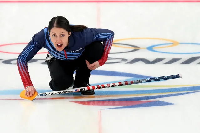 Tabitha Peterson of Team United States reacts against Team Sweden during the Women's Curling Round Robin Session on Day 9 of the Beijing 2022 Winter Olympic Games at National Aquatics Centre on February 13, 2022 in Beijing, China. (Photo by David Ramos/Getty Images)