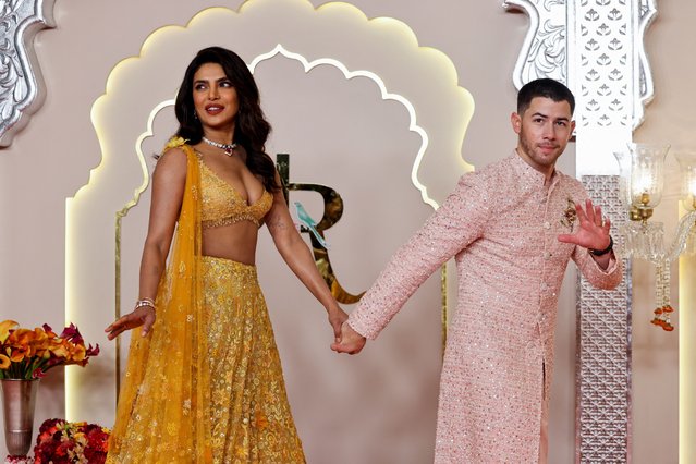 American actor and musician Nick Jonas arrives with his wife Priyanka Chopra at the wedding of Billionaire Mukesh Ambani's son Anant Ambani and Radhika Merchant at Jio World Convention Centre in Mumbai, India, on Friday, July 12, 2024. (Photo by Francis Mascarenhas/Reuters)