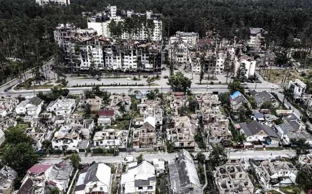 An aerial view of destroyed houses near Hostomel Avenue as the war between Russia and Ukraine continues in Irpin, Kyiv, Ukraine on June 23, 2022. (Photo by Metin Aktas/Anadolu Agency via Getty Images)