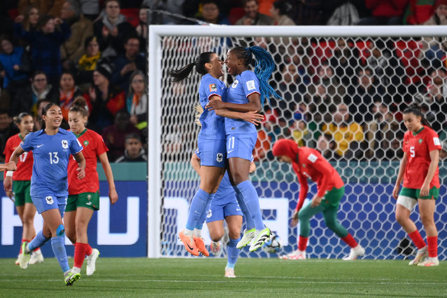 France's midfielder #15 Kenza Dali (C-L) celebrates scoring her team's second goal during the Australia and New Zealand 2023 Women's World Cup round of 16 football match between France and Morocco at Hindmarsh Stadium in Adelaide on August 8, 2023. (Photo by Franck Fife/AFP Photo)