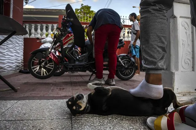 Kiera gets a foot rub at his home by his care taker as people work on their electric scooters after attending a gathering in the capital for stunts and races in Cojimar, Cuba, Friday, July 15, 2022. (Photo by Ramon Espinosa/AP Photo)