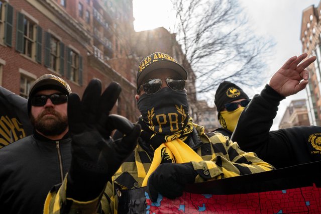 The Proud Boys march through the streets of Washington DC. on January 20, 2025, as Donald Trump is sworn in as president. (Photo by Rick Findler/Story Picture Agency)