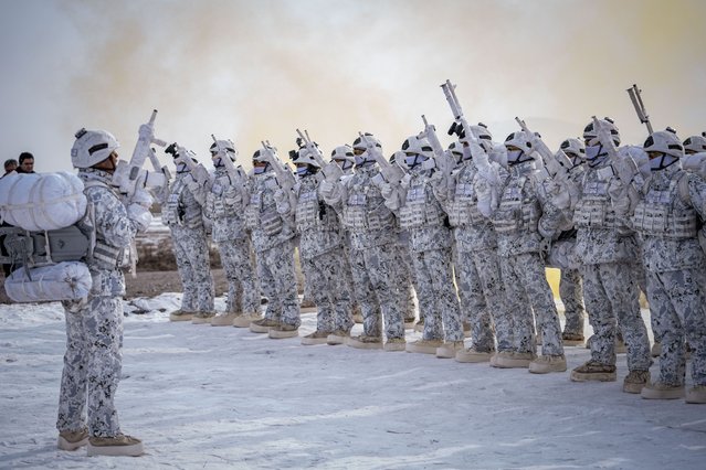 Turkish Armed Forces personnel attend the distinguished observer day activities of the Winter Exercise-2025, organized by the Turkish Armed Forces (TAF) in Kars, Turkiye, on February 05, 2025. The exercise features mortar fire drills, search and rescue operations, joint operation coordination, testing combat capabilities of units, fire synchronization, maneuvering, and training on essential areas such as equipment and support. 12,199 personnel participated in the exercise. (Photo by Hilmi Tunahan Karakaya/Anadolu via Getty Images)