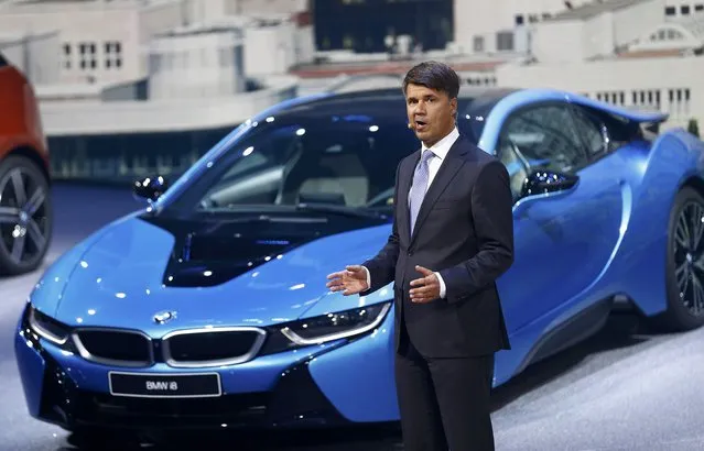 BMW CEO Harald Krueger makes a presentation during the media day at the Frankfurt Motor Show (IAA) in Frankfurt, Germany, September 15, 2015. (Photo by Kai Pfaffenbach/Reuters)