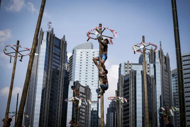 Indonesian participants climb a greased pole to collect presents during a pole race held to mark the Indonesia's 71th independence anniversary in Jakarta, Indonesia, 17 August 2016. Indonesia gained its independence from the Netherlands in 1945. (Photo by Mast Irham/EPA)