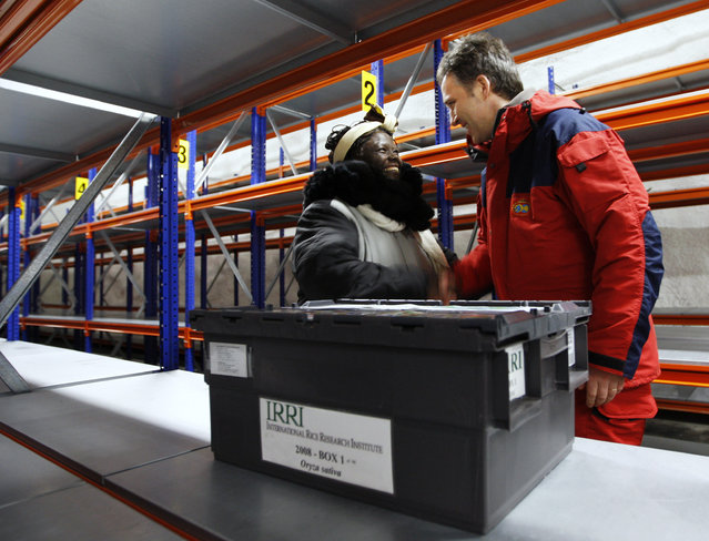 Nobel Peace Prize winner Wangari Maathai of Kenya, left, and Norwegian prime minister Jens Stoltenberg, right, shake hands as they stand next to “Box 1”, the first of many sealed cases containing seeds to be kept in the Svalbard Global Seed Vault in Longyearbyen, Norway, Tuesday, February 26, 2008. (Photo by Hakon Mosvold Larsen/AP Photo)