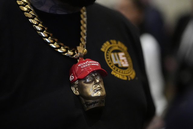 Jewelry worn by rapper Forgiato Blow is pictured before Republican presidential candidate former President Donald Trump speaks at a Super Tuesday election night party, Tuesday, March 5, 2024, at Mar-a-Lago in Palm Beach, Fla. (Photo by Rebecca Blackwell/AP Photo)